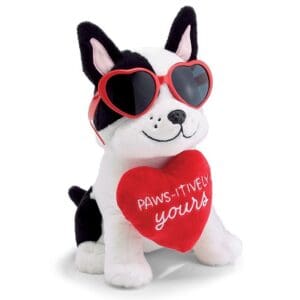 Plush dog with heart sunglasses holding heart