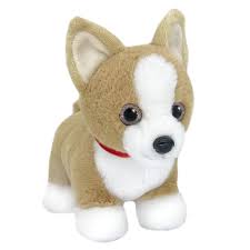 brown and white plush puppy with red collar